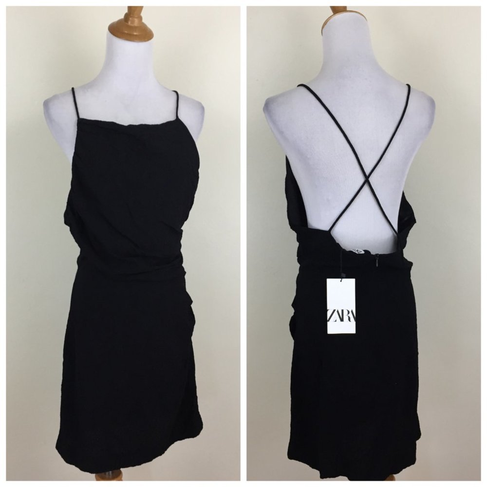 NWT ZARA Black Textured High Neckline Criss Cross Straps Back Ruching Dress